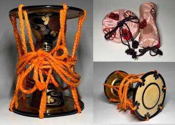 【瑞】時代物　木製　蒔絵菊流水紋鼓　和楽器　仕覆付
