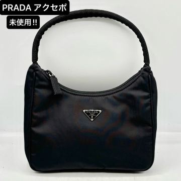 ￥1〜 PRADA 未使用 アクセサリーポーチ バッグ アクセポ ハンドバッグ ワンハンドル ナイロン 三角ロゴプレート ブラック Italy 白タグ有