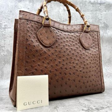 極美品■ GUCCI グッチ ダイアナ オーストリッチ ハンドバッグ トート ロゴ ブラウン レザー 本革 バンブー エキゾチック 金具 カード付き