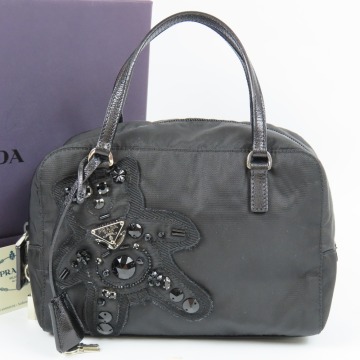 200583★1円スタート★PRADA プラダ 極美品 イブニングベア ビーズ BN1134 三角ロゴ ハンドバッグ レザー ナイロン ブラック
