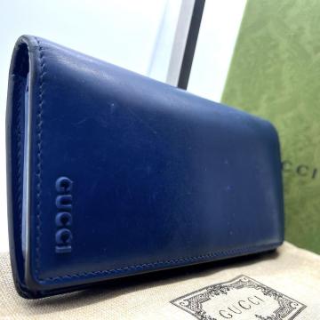 現行に近い/希少/美品●GUCCI グッチ メンズ レディース 長財布 折り財布 レザー 本革 ブルー 立体ロゴ 3Dロゴ 408813 ウォレット ビジネス