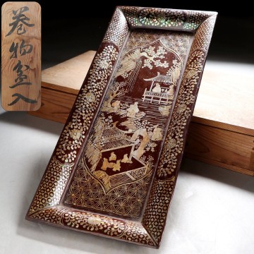PM398. 中国古玩 明時代 人物風景図 螺鈿細工 軸盆 合箱 / 漆器漆芸香盆塗工古美術