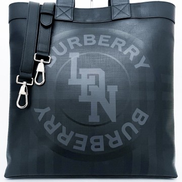 1円■未使用級■幻の逸品■現行近■Burberry バーバリー シャドーチェック ロゴドン トートバッグ ビジネス A4 メンズ レザー ブラック 黒