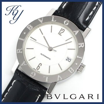 1円～ 3ヶ月保証付き 磨き済み 美品 本物 定番 人気 BVLGARI ブルガリ BB33SL AUTO 革ベルト 自動巻き ホワイト メンズ 時計