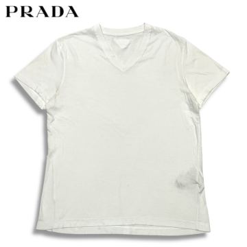 1 国内正規品 PRADA プラダ UJM493 半袖コットン Vネック Tシャツ V-neck s/s T-shirt カットソー トライアングル ロゴ S ホワイト