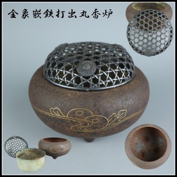 【志】K1600 鉄打出丸香炉 金象嵌 純銀 網編菊火舎 三足 香道具 時代物 重349g｝＝＝