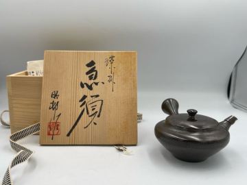  常滑焼 名工 沢田昭邨 谷川白道刀 横手急須 共箱 茶注 急須 煎茶道具 在銘 茶器 朱泥急須
