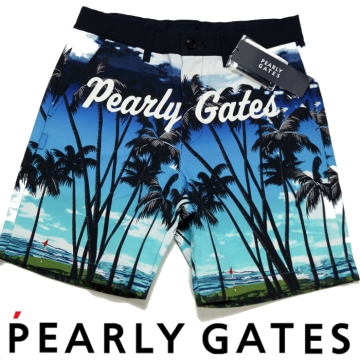 【新品】定価3万 パーリーゲイツ PEARLY GATES《ヤシの木 ロゴ プリント》清涼ドビー ストレッチ ショート パンツ ハーフ 5(L) ブルー