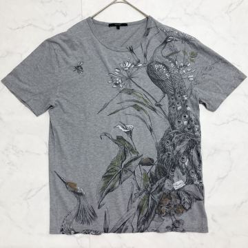 【希少美品●Lサイズ】GUCCI メンズ 半袖Tシャツ 孔雀 花柄 ボタニカル バード グッチ 薄手 クジャク 鳥 肌触り◎コットン グレー 