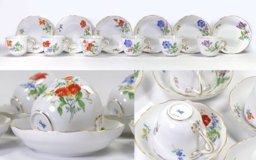 ∇花∇【マイセン/MEISSEN】 ベーシックフラワー 二つ花 モカカップ＆ソーサー6客揃 総柄違い マイセンボックス 極上美品