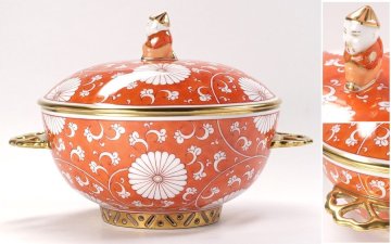 ∇花∇【ヘレンド/Herend】 マスターぺインターの傑作 シノワズリ様式 赤地菊唐草文付ボンボニエール マンダリン蓋摘み・猪目透文双耳