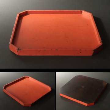 委託HK◇時代 根来折敷（茶道具 懐石具 漆芸 工芸 朱 漆器 四方盆 角盆 干菓子 菓子 料理 配膳 茶事 茶席 古物 骨董 飾り）