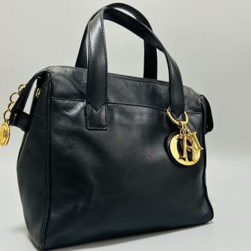 1円 Christian Dior クリスチャンディオールロゴチャーム レザハンドバッグ トートバッグブラック　金具　ゴールド　レディース正規品本物