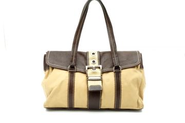 1円〜 プラダ ショルダー ハンドバッグ トート 三角ロゴプレート テスートナイロン レザー ベージュ 茶 ブラウン PRADA 3190h