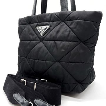1円【RFID】PRADA プラダ 2way ハンドバッグ トート ショルダーバッグ キルティング 三角プレート ナイロン パデッド ブラック 黒色 白タグ