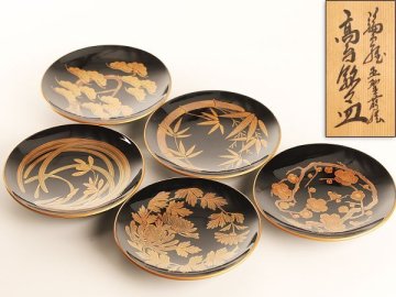 【流】能登輪島塗 五聖図替蒔絵 高台銘々皿五客 共箱 DK022