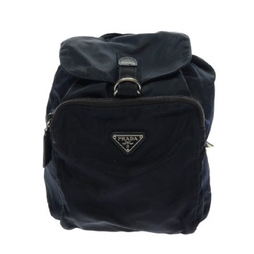 1円スタート PRADA プラダ ナイロン リュックサック 巾着型 三角ロゴプレート シルバー金具 バックパック デイパック ネイビー レディース