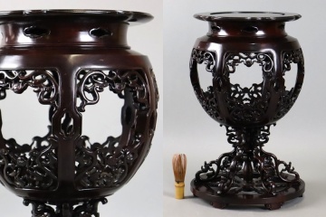 中国美術 唐木 透細工 天球形 高卓 花台 高46cm 丸卓 飾台 香炉台 盆栽台 紫檀花梨 細密細工 古美術品[d841]
