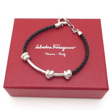１円～ FERRAGAMO フェラガモ ノット ブレスレット シルバー 925 レザー 2015年限定 箱◆レターパック600円～◆～8/10(日)終了◆質-250279