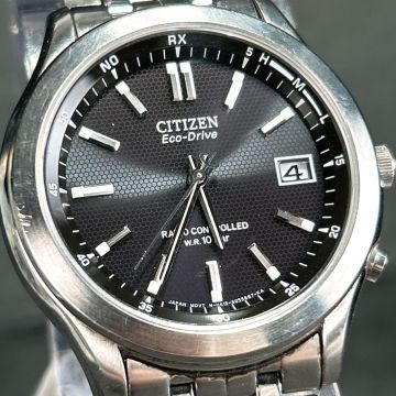 美品 CITIZEN シチズン エコドライブ H415-S033004 腕時計 電波ソーラー アナログ カレンダー ブラック文字盤 ステンレススチール 動作OK