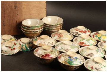 [URA]清水六兵衛 造/色絵金銀彩琳派図替花草籠文蓋茶碗 器20客、蓋17客/共箱/8-8-06　(検索)骨董/六兵衛/蓋茶碗/煮物碗/懐石料理/蓋物