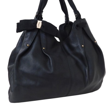 1円■極美品 フェラガモ ハンドバッグ レザー ブラック系 リボン 普段使い Salvatore Ferragamo ■E.Bus.tI-16