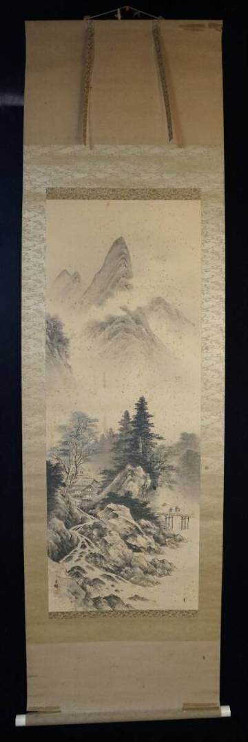 真作◆鳳】大津日楠 作◆水墨山水◆絹本◆掛軸◆肉筆保証258-９検：雲谷等顔中林竹洞橋本雅邦雪舟等楊狩野元信皆川淇園日本画書道山水