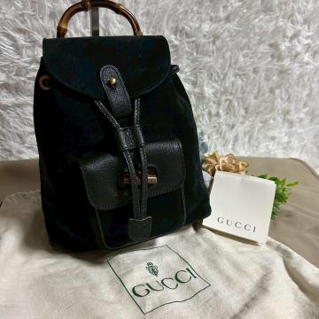 1円～【美品】袋付 正規品 GUCCI グッチ リュック バッグパック バンブー 巾着 ターンロック 黒 ブラック かばん 大容量 (250705-nn-11)