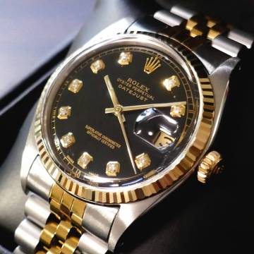 デッドS級極美品!★OH済!■ROLEX デイトジャスト■10Pダイヤ ブラック文字盤■R1601