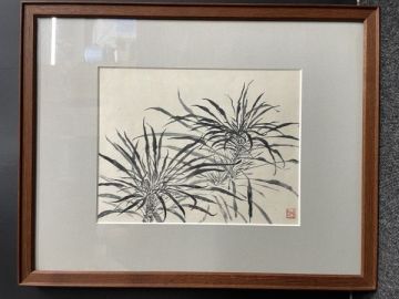 【模写】ハゲイトウ 葉鶏頭 水墨画 花 額装 額縁46&times;58cm インテリア 書畫 書画 絵画(118423)