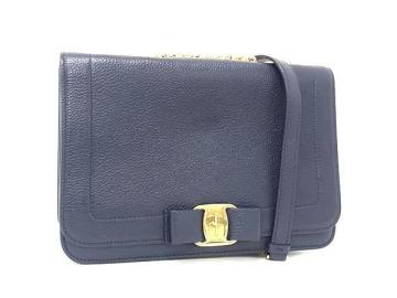 1円 ■極美品■ Salvatore Ferragamo フェラガモ ヴァラリボン レザー クロスボディ ショルダーバッグ 斜め掛け ネイビー系 FR1921