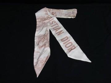 1円 ChristianDior クリスチャンディオール ミッツァ ツイリー リボンスカーフ レディース アイボリー系×ピンク系 FS1156