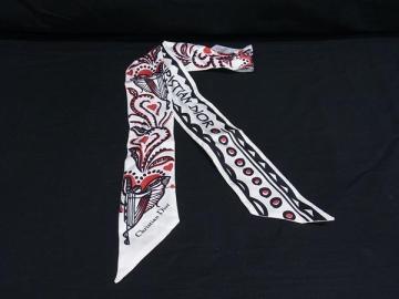 1円 ■美品■ ChristianDior クリスチャンディオール キュピドン ミッツァ シルク リボンスカーフ ツイリー ホワイト系×レッド系 FS1436