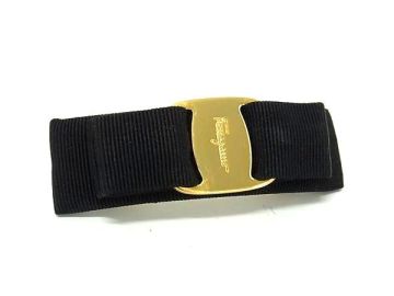 1円 ■美品■ Salvatore Ferragamo フェラガモ ヴァラリボン キャンバス バレッタ ヘアアクセサリー 髪留め レディース ブラック系 FR1218
