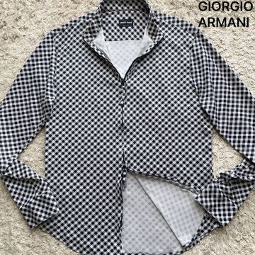 極美品●Lサイズ●最高級黒タグ GIORGIO ARMANI ジョルジオ アルマーニ ダブルジップ 長袖シャツ ジャケット ストレッチ 羽織り 総柄 １円