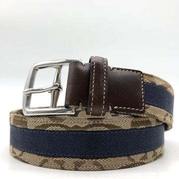 4144-3【美品】COACH コーチ ベルト カジュアル シグネチャー 総柄 バックル シルバー金具 ロゴ刻印 キャンバス レザー 本革 メンズ