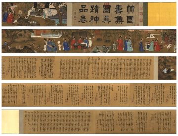 【安】中国明時代画家「呂紀/呂文英合書」絹本「竹園寿集図長巻」掛軸 共箱 巻き物 中国画 墨寶妙品 中国書道 古美味 古美術 375