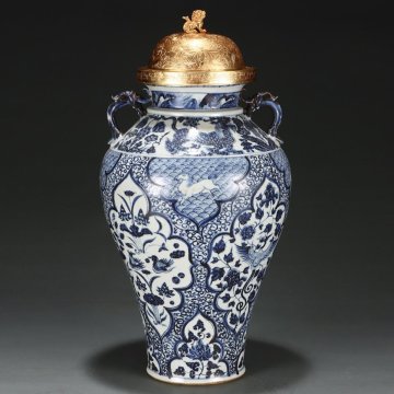 【安】元時代 青花鳳凰鴛鴦紋直口梅瓶 銅金蓋 共箱 唐瓷 染付 古陶瓷 古美味 中国古美術 古董品 331