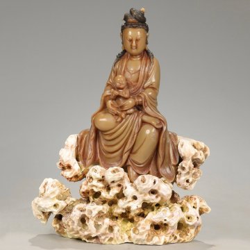 【安】清時代 玉セン銘 寿山石彫 送子観音仏像 共箱 極細工 古置物 古擺件 中国古美術 古美味 時代物 333