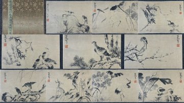 【安】中国清時代画家「八大山人書」紙本「花鳥図冊頁 十開」 短冊 巻き物 中国画 墨寶妙品 中国書道 古美味 古美術 368