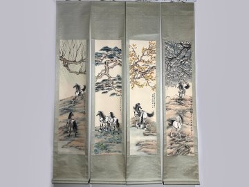 【安】中国近時代画家「徐悲鴻書」紙本「八駿図四条屏」 掛軸 共箱 巻き物 中国画 墨寶妙品 中国書道 古美味 古美術 391