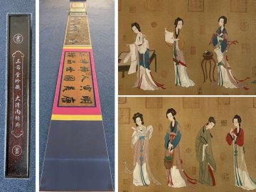 【安】中国明時代画家 「唐寅書」絹本「美人図長巻」 共箱 巻き物 中国画 墨寶妙品 中国書道 古美味 古美術 392