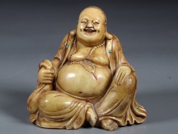 【安】清時代 寿山石彫 嵌め宝石 大腹仏造像 共箱 極細工 古置物 古擺件 中国古美術 古美味 時代物 339