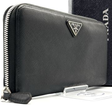 最高級◆PRADA プラダ 長財布 サフィアーノレザー 三角プレート 三角ロゴ トライアングル シルバープレート ロングウォレット ブラック