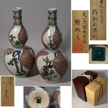 ★最高峰作　初代徳田八十吉　九谷村原石使用 古九谷捩瓢形徳利一対　出来最高　古九谷本歌の再現　二重箱