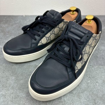 【現行品/美品】グッチ GUCCI ローカットスニーカー GGスプリーム ネイビー トレーナー メンズ レザー 本革 9 1/2 28.5cm相当 GG柄 紺