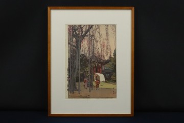 10300■【真作】吉田博 「川越之櫻」木版 櫻八題 兜屋画廊シール 洋画家 久留米の人 額装
