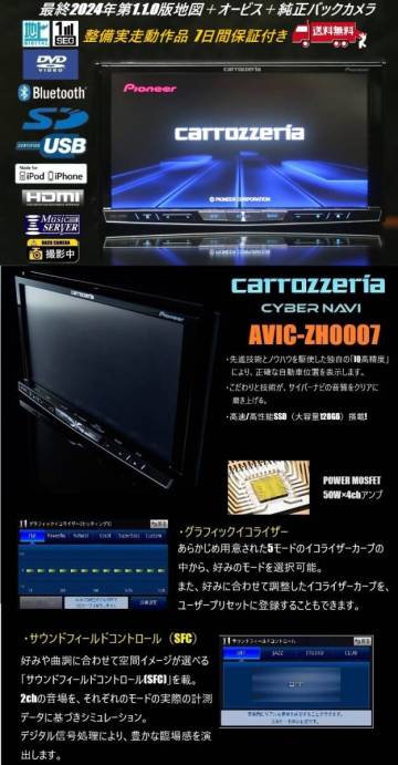 最高峰!サイバーナビAVIC-ZH0007実動品★最終2024年第1.1.0版地図＋オービス★carrozzeria純正バックカメラ/アンテナ/配線/マイク一式付属