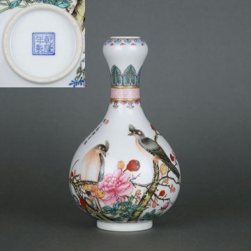 ▼渡鶴羽▼A9384清乾隆 琺瑯彩花鳥詩文図蒜頭瓶・古陶磁器 ・珍品旧蔵・古賞物・時代物