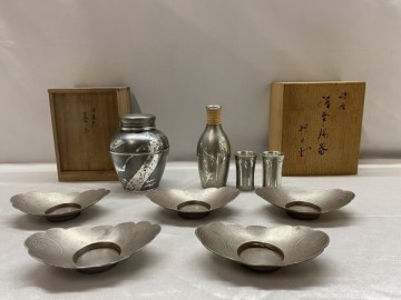 A6-196 錫　すず製品　まとめ売りセット　茶壺　茶托5客　酒器セット　総重量約1070ｇ